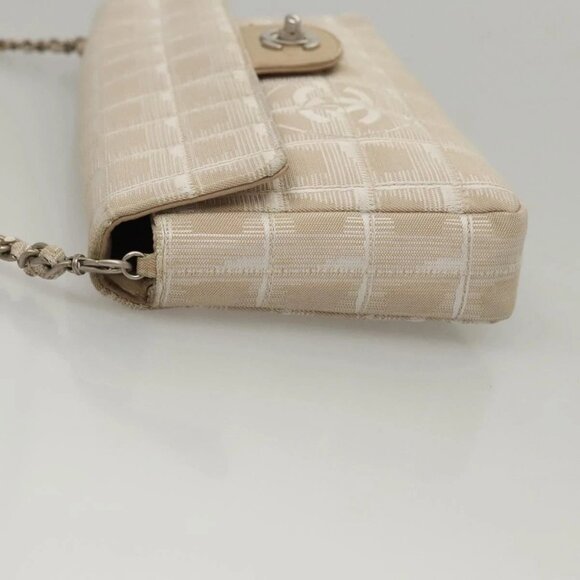CHANEL New Travel line Choco Bar Chain Shoulder Bag Nylon Beige CC Auth 120002 - Picture 4 of 16